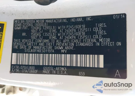 2014 Toyota Highlander Xle V6 from USA, damaged, VIN 5TDJKRFH6ES011914